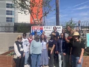 Volunteers from Exceptional Children's Foundation and First Bank together in Inglewood for the "Future in Bloom" Project