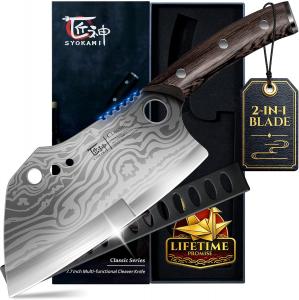 SYOKAMI 7.7-inch ergonomic meat cleaver with German high-carbon steel blade, featuring anti-shock aero-hole design and full-tang wood handle for home butchery
