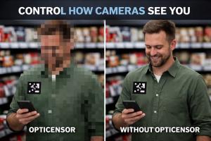OptiCensor AI privacy technology demonstrating real-time camera anonymization before recording using visual markers