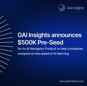 Graphic with text on blue background: GAI Insights Announces $500,000 Pre-Seed