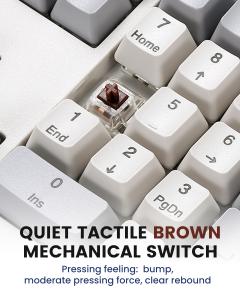 Macro view of a keyboard with one keycap removed, revealing a brown mechanical switch beneath, surrounded by beige number pad keys labeled End, Home, PgDn, and numbers.