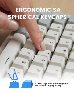 Close-up of a finger pressing a curved keyboard key, highlighting ergonomic spherical keycaps on a beige mechanical keyboard for comfortable typing.