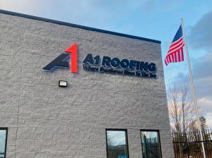 Exterior of A1 Roofing’s newly opened headquarters at 16 Platinum Court in Medford, NY, showcasing expanded operations facility