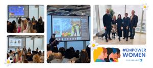  Collage from #EmpowerWomen2026 showing panel discussions on wellbeing and leadership, keynote speaker Krista Strating presenting, and ProServeIT leadership at Microsoft Toronto.
