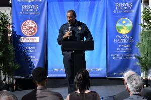 Denver Police Chief Ron Thomas speaks at the Denver Legacy & Leadership event honoring 43 years of service by Reverend Leon Kelly and Open Door Youth Gang Alternatives, and 15 years of partnership with The Way to Happiness Foundation — highlighting the im