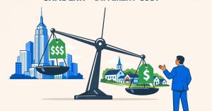 Illustration showing the wide pricing gap in LLC publication costs across New York counties, from $395 in Albany to $1,795 in Manhattan.