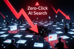 Dramatic illustration of the generative AI search crisis showing massive red downward arrows labeled "Zero-Click AI Search" cracking the digital web, causing website traffic and ad revenue to collapse into a void while content creators watch helplessly — 