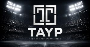 Tayp logo displayed in a stadium under bright lights representing a sports highlight and athlete-focused social media platform