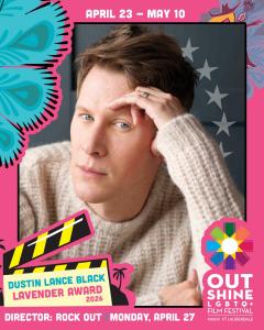 Photo of director Dustin Lance Black with text