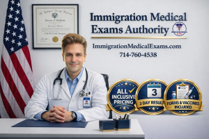 Dr. Alija Ali, USCIS-designated civil surgeon at ImmigrationMedicalExams.com, seated in clinic with U.S. flag, promoting all-inclusive immigration medical exams with 3-day I-693 results, vaccines and forms included