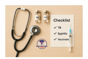 Immigration medical exam checklist showing TB test, syphilis test, and vaccinations with stethoscope, syringe, and lab vials, representing all-inclusive I-693 medical exam requirements