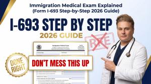 USCIS Form I-693 with RFE crossed out and message ‘Don’t mess this up,’ highlighting accurate immigration medical exam completion done right the first time