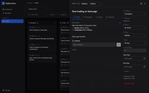 BigBlueBam Task Board — Frndo Project, Task Detail View The screen is divided into three visual layers: a dark sidebar on the left, a Kanban board in the middle, and a task detail panel overlaying the right side. Left Sidebar: A narrow, dark-themed naviga