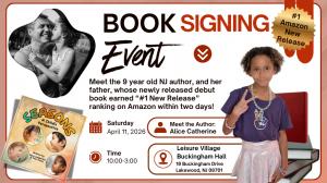 Image of a young girl - Alice Catherine - standing and giving a peace sign. There is an image of a book cover of the book "Seasons: A Child's Perspective" is in the background. Information a book signing event is included. Event is on April 11 from 10: