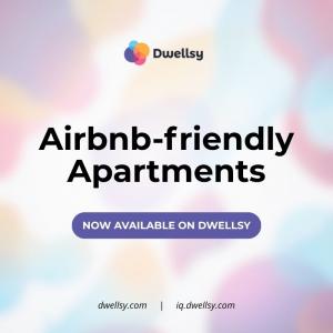 A design with the Dwellsy logo and a text reading "Airbnb-friendly Apartments Now Available on Dwellsy" over a colorful abstract background.
