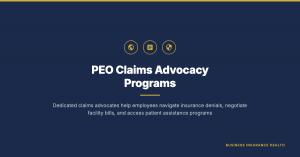 Infographic showing PEO claims advocacy services: medical denial review, facility bill negotiation, and patient assistance program referrals, with key stats including 17 percent average denial rate, 40 to 60 percent appeal overturn rate, and estimated $20