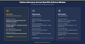 Comparison chart showing three benefits delivery models: PEO with dedicated in-house advocates and aligned claims incentives, fully insured with carrier-managed internal appeals, and self-funded with TPA-dependent advocacy that varies by administrator.