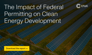This image reads "The impact of federal permitting on clean energy development" against a photo background of a solar energy field.