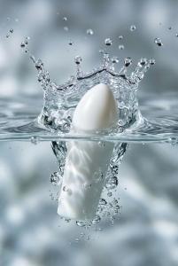 A reliefHER vaginal hydration melt dropping into water, creating a splash that symbolizes moisture and comfort.