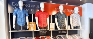 Four mannequins display colorful patterned short-sleeve shirts in a retail store with promotional signs above and below.