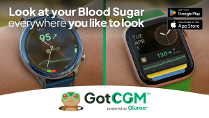 An advertisement showing the GotCGM app on an analog smartwatch, with a reading of 95, on the left and a digital smartwatch, with a reading of 130, on the right. Both smartwatches are on a wrist, separated by a green line. The top of the image