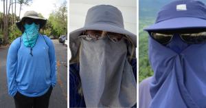 Three EPP patients wearing sun protection including wide brimmed hats, bandanas covering face, sunglasses and hand coverings.