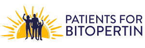 Patients for Bitopertin logo showing three people with their arms raised in defiance in front of the sun.