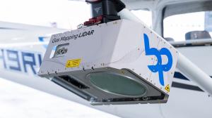 A photo of Bridger's methane detecting sensors attached to the strut of a small plane.