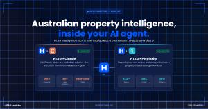 HTAG Analytics MCP connector integration diagram showing live Australian property data connections to Claude and Perplexity AI agents