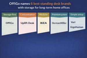 Chart comparing six standing desk brands with storage for long-term home office use, categorized by buyer needs: storage-first (OffiGo), customization (Uplift Desk), modular planning (IKEA), premium systems (Herman Miller), simple setup (Vari), and ergono