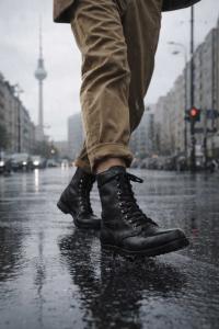 Norvear waterproof boots walking on a rainy city street demonstrating durability and grip
