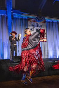 An Indigenous dancer performs during EATSS, a live event by the American Indian College Fund featuring Native cuisine, art, and cultural performances in support of Native students.