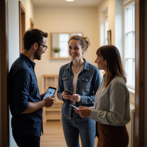 Young property managers using SnapInspect for home inspections on mobile, capturing notes and photos during a property walkthrough