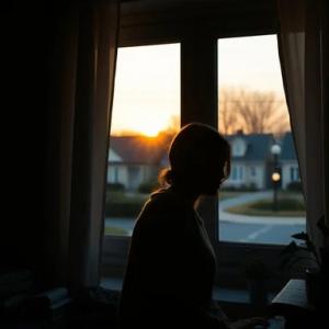 Teacher silhouette sitting by a window at sunrise showing signs of stress and burnout