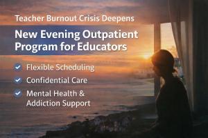 Graphic showing teacher burnout crisis and new evening outpatient program for educators with sunset background and support services listed
