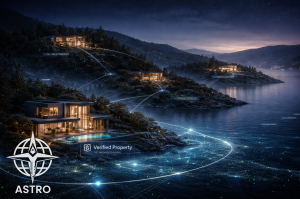 Luxury waterfront homes connected by a digital network overlay representing verified properties in the ASTRO Network
