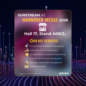 Promotional poster for Sunstream at Hannover Messe 2026 featuring a modern tech-themed background with glowing digital lines. The design highlights “Hall 17, Stand A08/2” and lists key services.