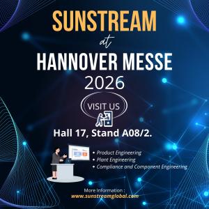 Promotional graphic for Sunstream at Hannover Messe 2026 with a blue tech-themed background featuring digital network lines. The image highlights “Visit Us – Hall 17, Stand A08/2”