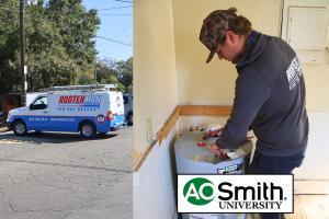 Rooter Man Plumbing technician performing water heater repair in Charleston SC with service van and A.O. Smith University certification training