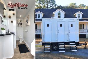 Luxury restroom trailer rental Charleston SC - High Cotton Comfort Co. interior and exterior setup at Lowcountry event venue