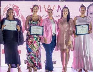 Maureen Porras, Councilwoman of Doral; Constanza Espejo, Host and Board Director of Miami Women’s Month and We Art Foundation; Isabel Almaraz, Melina Cajal; and Elizabeth Quiroz on stage at the Miami Women’s Month 2026 closing event in Doral