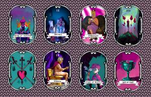 Eight vivid tarot-style artworks from Madame B’s Tarot Readings by James William Moore are arranged in two rows on a pink damask background, including figures, symbols, and ornate card frames.