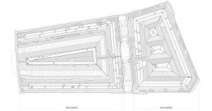 The architect drawing showing the Iveagh Market roof structure and repair areas