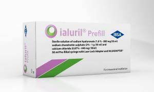 Ialuril® Prefill packshot showing a white rectangular box with IBSA branding. The front displays the product name “Ialuril® Prefill” alongside a green and purple circular logo. Text highlights a sterile solution containing sodium hyaluronate, sodium chond