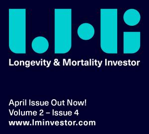 Dark blue promotional graphic for Longevity & Mortality Investor (LMI) featuring a teal abstract ‘LMI’ logo at the top. Text reads: ‘Longevity & Mortality Investor.’ Below, in white text: ‘April Issue Out Now! Volume 2 – Issue 4’ and the website ‘www.lmin