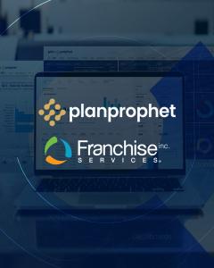 Laptop displaying the PlanProphet CRM platform with PlanProphet and Franchise Services logos, representing a networkwide partnership.