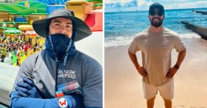Before and after photo. Before shows a man wearing a hat, face covering and gloves as sun protection. After photo shows same man at the beach without special gear.