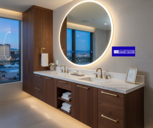 Close-up of in-stock white shaker kitchen cabinets with modern brushed nickel hardware.