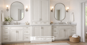 A wide view of the Las Vegas Wholesalers showroom featuring multiple full-scale kitchen design displays.