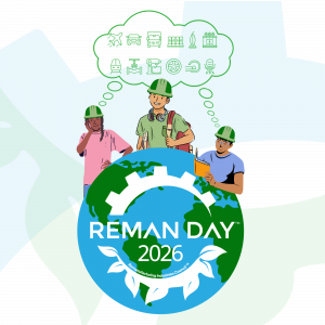 Reman Day logo surrounded by students thinking about the various sectors of the remanufacturing industry